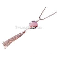 Wholesale Boho Fashion Long Druzy Gemstone Tassel Necklace , Metal Chain Tassel Necklace